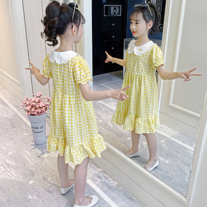 Girls short-sleeved dress 2024 summer new style wood ear edge doll collar plaid skirt girl cotton sweet long skirt