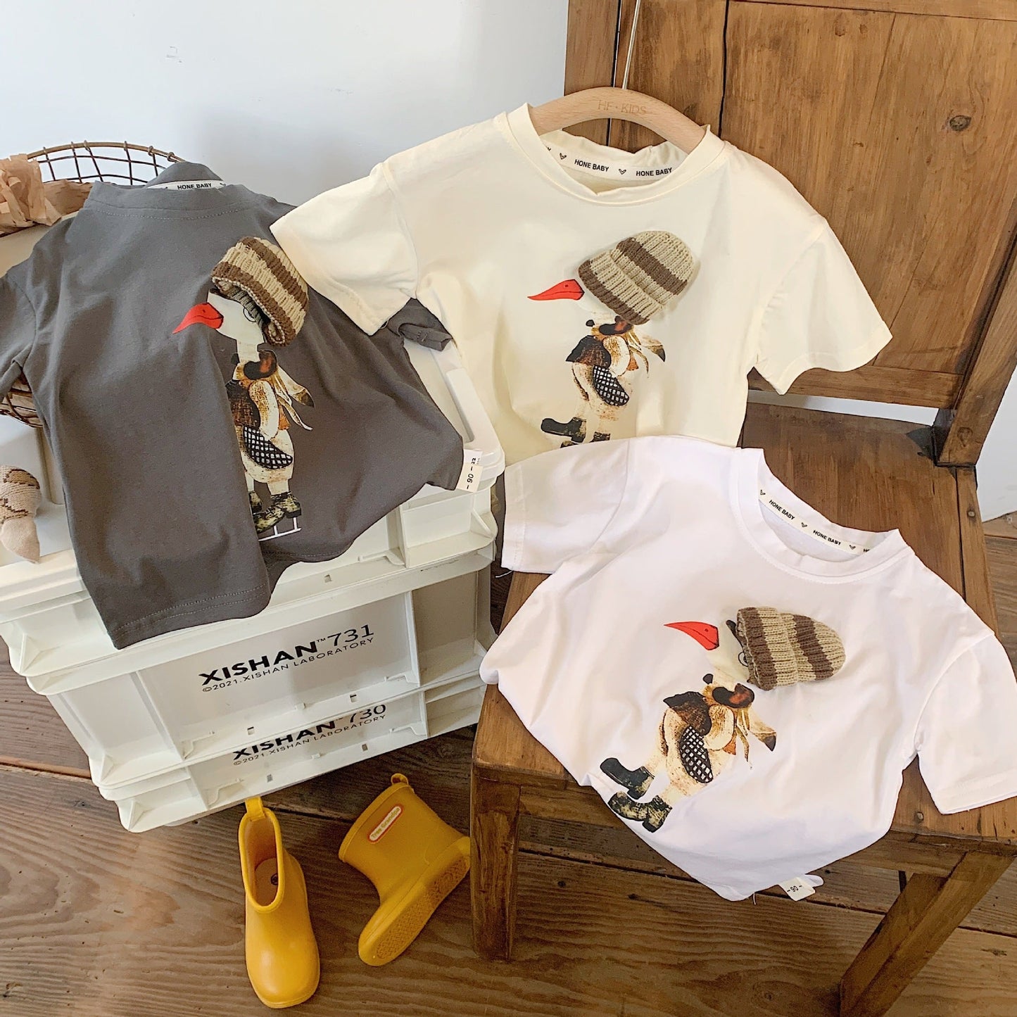 Children's T-shirt 2023 Bangcheng Spring New Boys and Girls Hat Bird Cartoon T-shirt Baby Short Sleeve Top F0028