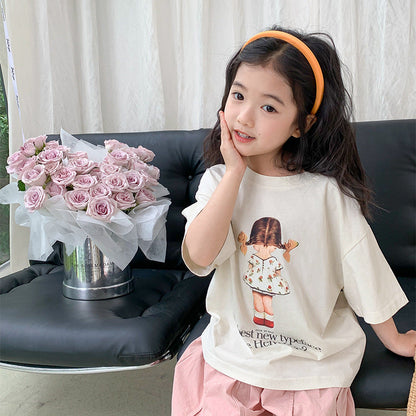 2024 Summer Children's T-shirt Girls Short-sleeved Children's Clothing Korean Style Casual Cartoon Print Round Neck Small Children's Tops New