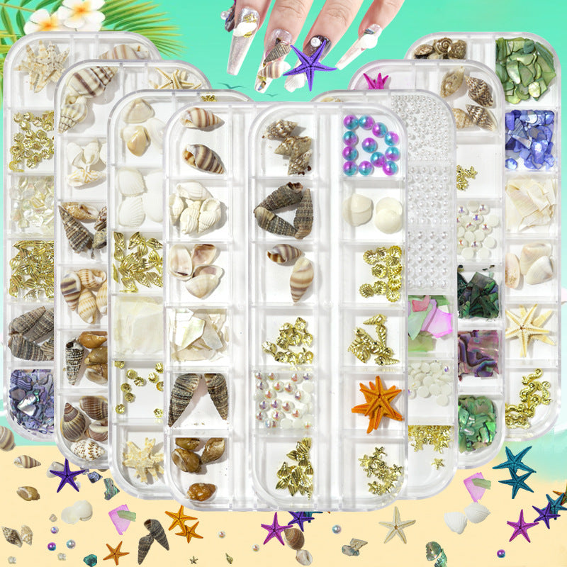 Cross-border hot selling ocean storm nail accessories natural starfish conch shell slices abalone slices 12 grid mixed