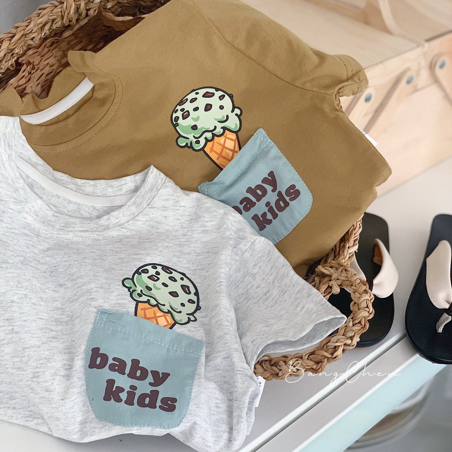 Children's T-shirt Bangcheng 2024 summer new children's clothing pocket ice cream short T boy short-sleeved top trend G0229