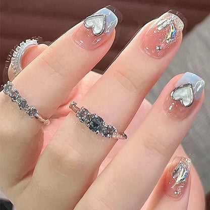 Wen Jingling same style wearable nail pieces wholesale short black glitter aurora broken diamond nail art finished nail stickers 