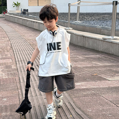 Amo Baby 2024 Summer Boys Handsome Loose Letter Sleeveless Top Baby Comfortable Cotton Sports Vest Trend