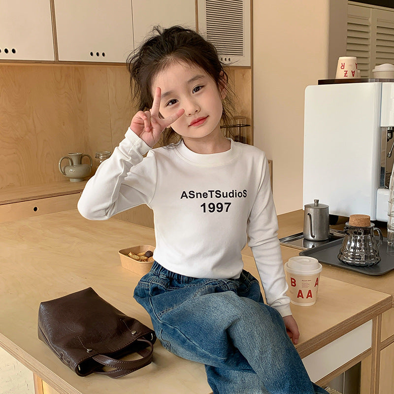 Korean children's clothing 2024 spring new children's letter print short tight top girls casual long-sleeved T-shirt