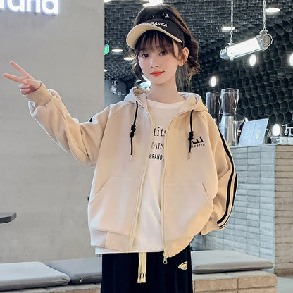 Boys and girls autumn jacket cardigan hooded sports casual letters loose fat students primary school middle school warm trend