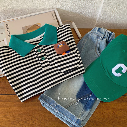 Children's T-shirt Bangcheng 2024 summer new boy three-dimensional doll short-sleeved children's clothing striped POLO shirt trendy G0112