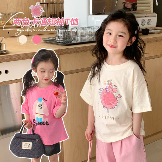 Korean children's clothing 2024 spring and summer new girls short-sleeved baby trendy cartoon dragon year printed T-shirt children's top