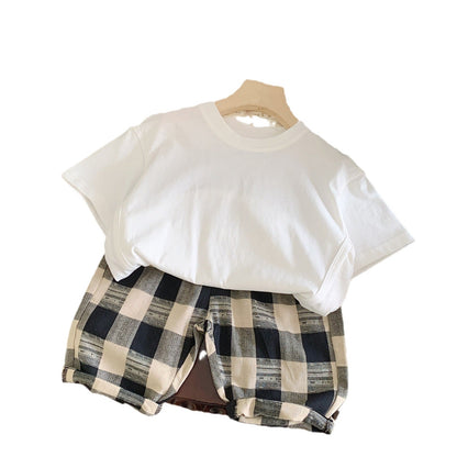 Children's suit 2024 Bangcheng summer boy Korean version loose simple white T + plaid shorts two-piece suit F0218