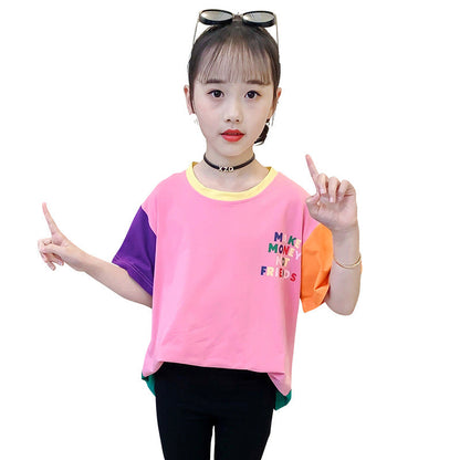 Girls short-sleeved T-shirt 2024 new children's summer clothes for middle and large children's clothes with fashionable cartoon prints and contrasting colors pure cotton tops