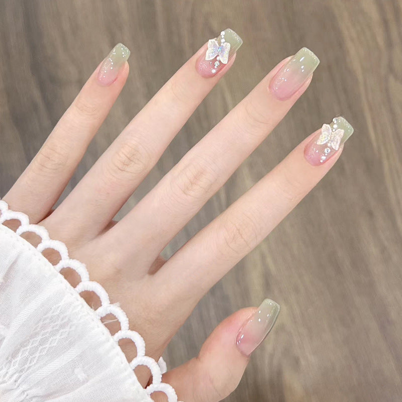 Wearable nail wholesale light green French gradient bow nail art finished product removable nail stickers false nails