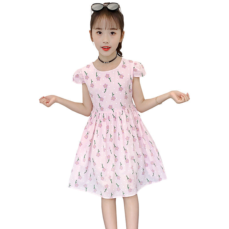 Girls dress 2024 summer new children's stylish printed cotton skirt little girl short-sleeved cartoon vest skirt 