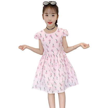 Girls short-sleeved dress 2024 summer new children's stylish printed cotton skirt little girl cartoon vest skirt