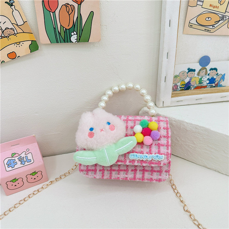 Cartoon cute children's small square bag fashionable pearl handbag versatile girl stylish chain shoulder crossbody backpack