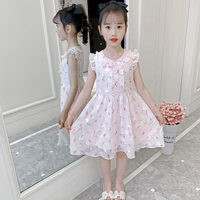 Girls chiffon dress summer 2024 new children's chiffon floral dress fashionable ear-edge flying sleeves princess dress