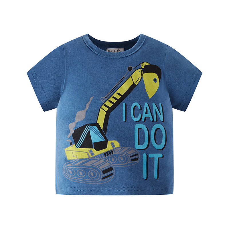 Children's clothing summer hook excavator engineering vehicle short-sleeved children's short-sleeved boys' cotton T-shirt Korean version one piece