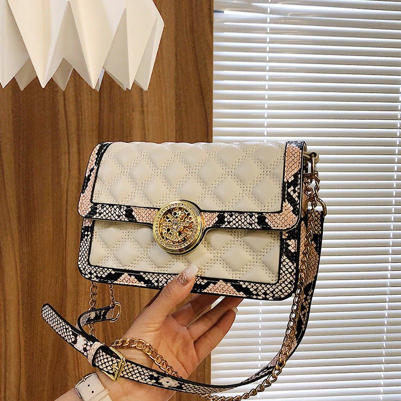 Small high-end white snake pattern stitching fashion simple chain shoulder bag women's bag diamond embroidery crossbody small square bag 