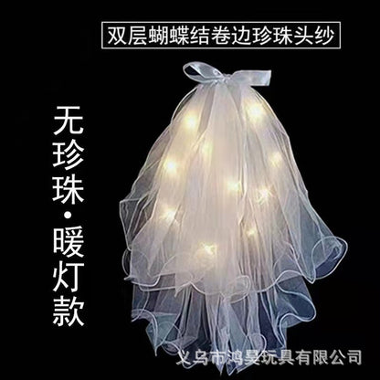 Luminous double-layer pearl veil net celebrity with light soft yarn flashing veil girl dress up tassel pearl crown headdress