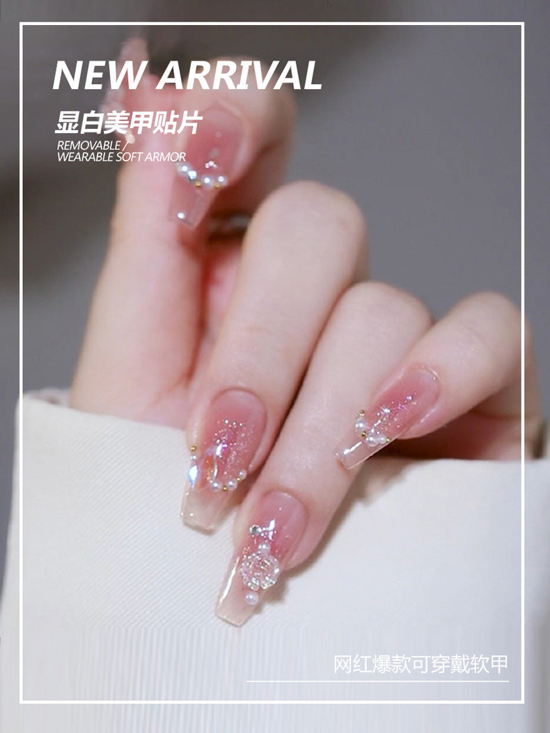 Hot selling wearable nails, medium and long style, ice-transparent camellia false nail patches, pure desire style, aurora diamond nail art nail tips wholesale