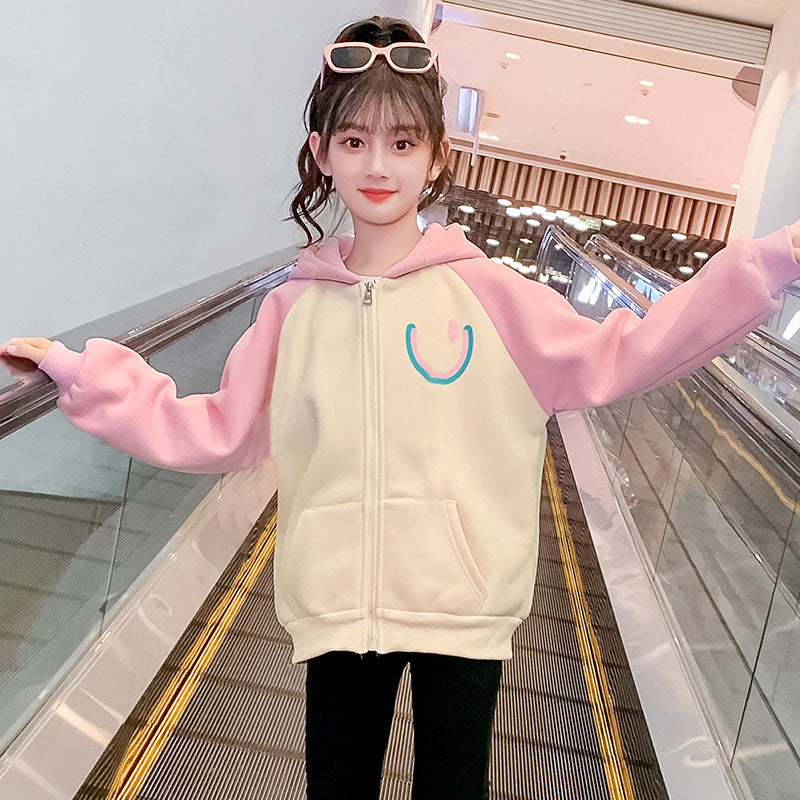 2024 autumn and winter new cardigan jacket for girls thickened double-layer hooded smiley face for middle and large children, elementary school students and kindergarten