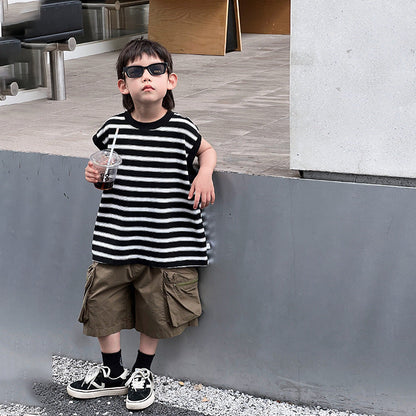 Children's summer clothes boys short-sleeved T-shirt sleeveless vest outer wear 2024 summer new baby loose striped top 5