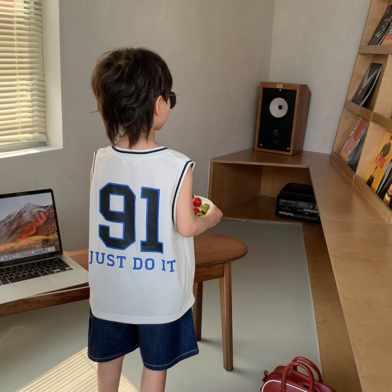 Elmo Beibei Children's 2024 Summer Letter Sports Breathable Top Boys Handsome Mesh Breathable Basketball Wear Vest