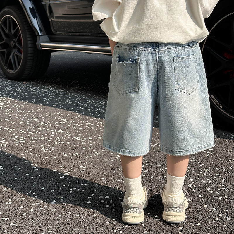 Boys denim shorts children's pants summer style medium and large children 2024 summer new style little boy loose shorts trend