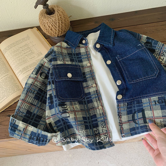 Children's denim jacket 2024 Bangcheng spring style boys and small children Korean plaid splicing denim shirt trend F0309