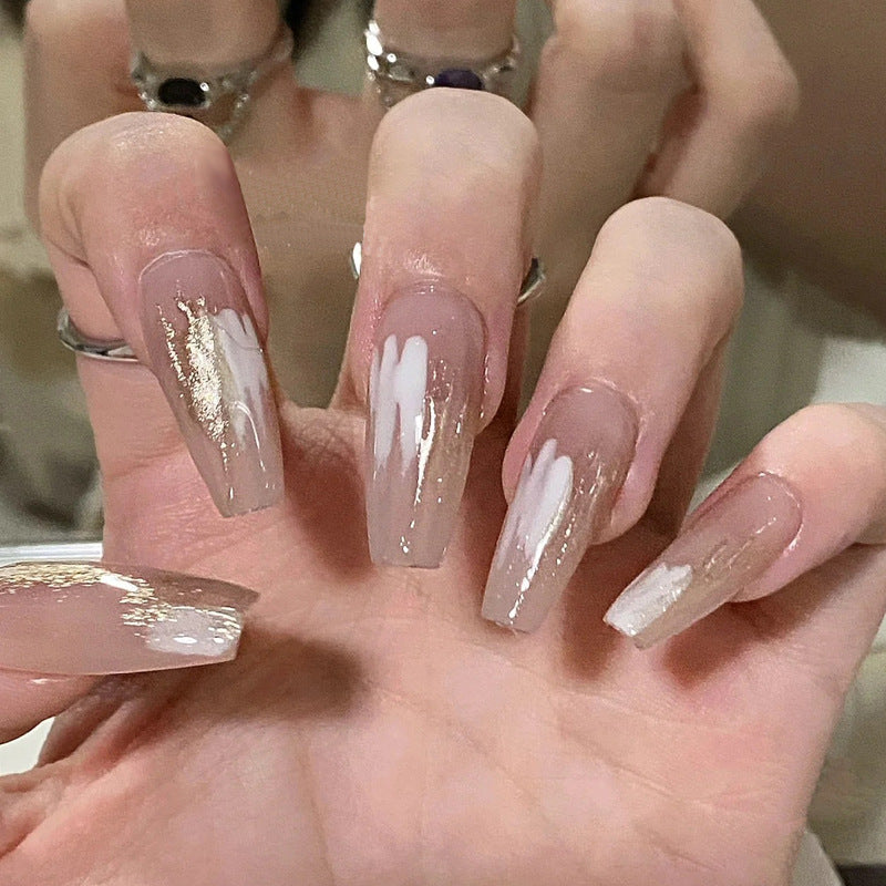 Xiaohongshu popular nail art wearable nail wholesale medium and long ballet nail nude transparent gold powder nail stickers finished nail pieces