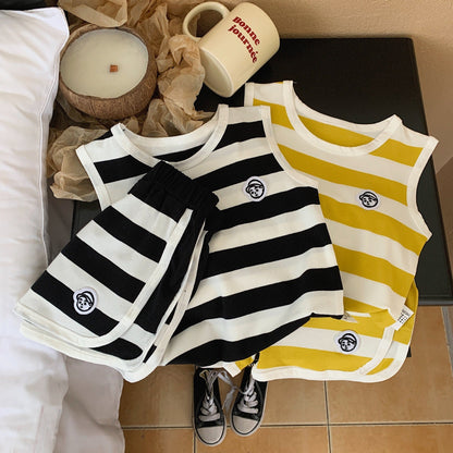 Children's suit 2023 Bangcheng summer style boys and girls Korean version striped label casual vest two-piece suit trendy F0233