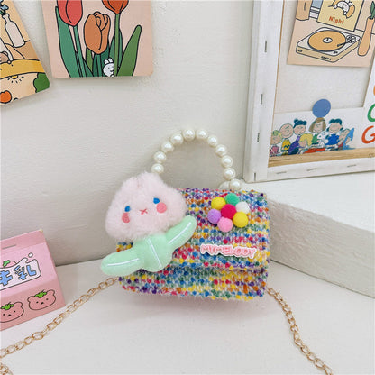 Cartoon cute children's small square bag fashionable pearl handbag versatile girl stylish chain shoulder crossbody backpack