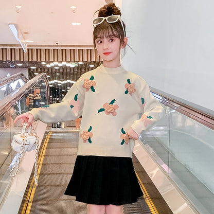 2024 Autumn and Winter Girls Flower Sweater Pullover Bottoming Shirt Outer Wear Sweater Korean Style Knitted Sweater Middle and Large Children Students