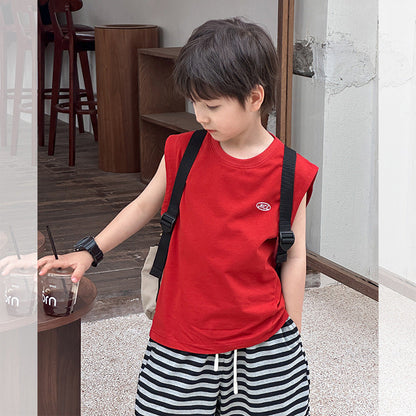 Amo Beibei children's patchwork bottom sleeveless patchwork top 2024 summer boys and girls baby letter logo vest trend