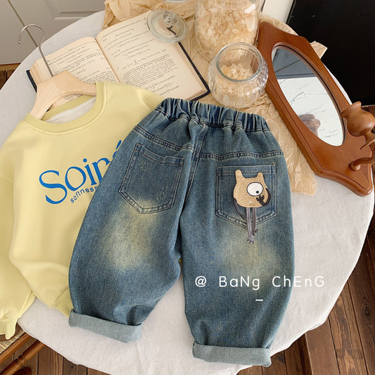 Children's jeans Bangcheng 2024 spring boys new label casual pants cartoon big eyes trousers trend G0053