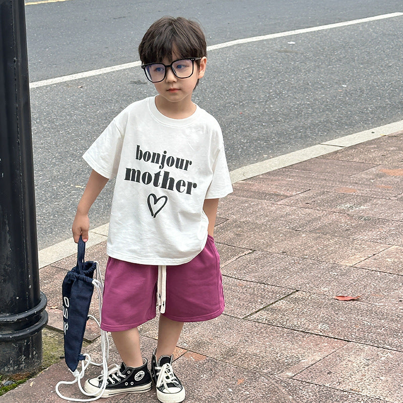 艾摩贝贝中大童宽松上衣2024夏款男女童帅气字母爱心全棉短袖T恤