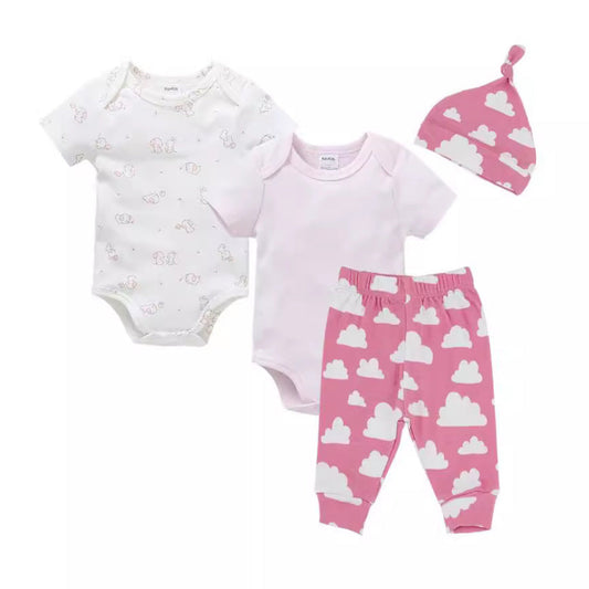 New style children's clothing 2024 summer baby short-sleeved suit children's clothes romper children's pants hat four-piece children's suit 