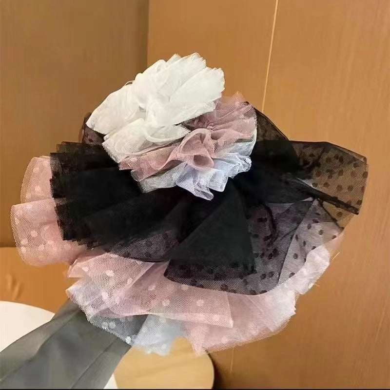 2022 Summer Double-layer Mesh Head Flower Hair Ring Polka Dot Fabric High-grade Girl Temperament Large Intestine Hair Ring Hair Accessories