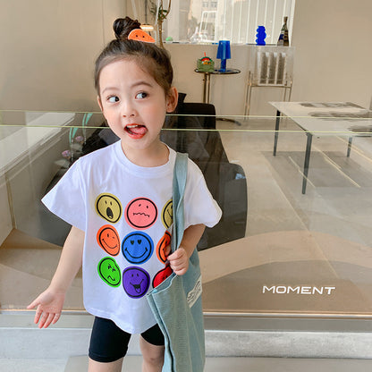 2024 Summer New Korean Version Children's Smiley Face Printed Casual Loose Short Sleeve Boys and Girls Baby Bottom T-shirt Trend