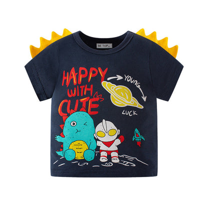 2024 new children's short-sleeved cartoon dinosaur superman pattern pure cotton baby boy T-shirt tops one piece delivery