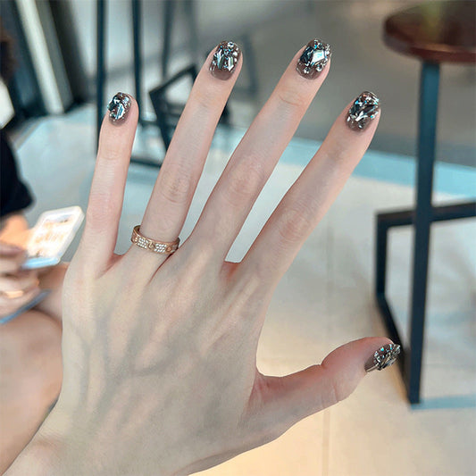 Wen Jingling same style wearable nail pieces wholesale short black glitter aurora broken diamond nail art finished nail stickers 