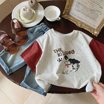 Children's T-shirt Bangcheng 2024 summer boys' color matching short-sleeved T-shirt children's clothing puppy print short-sleeved top trendy G0075