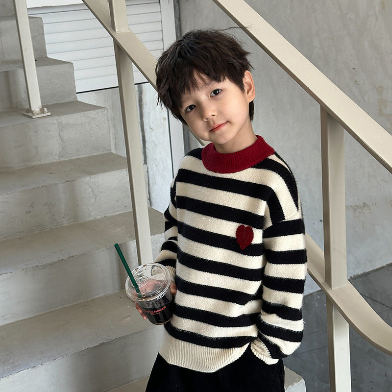 Amo Beibei children's 2023 winter thick imitation mink heart sweater for boys and girls baby contrast striped sweater