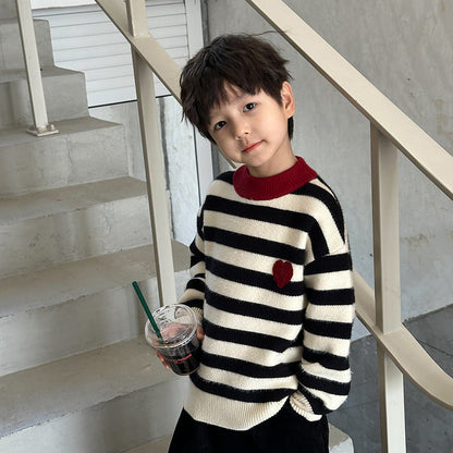 Elmo Beibei Children's 2023 Winter Thickened Imitation Mink Velvet Sweater for Boy and Girls Baby Contrast Color Contrast Sweater