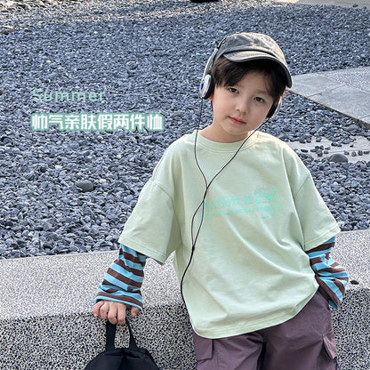 Amo Beibei children's long-sleeved letter top 2024 summer boys handsome fake two-piece splicing striped sleeve T-shirt