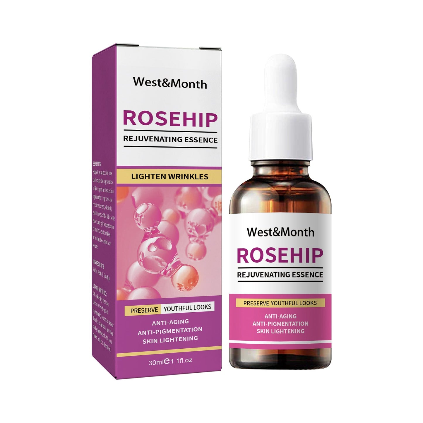 West &amp; Month Rosehip Rejuvenation Essence បំបាត់ស្នាមអុចខ្មៅ ផ្តល់សំណើម បន្តឹងស្បែក និងធ្វើអោយស្បែកភ្លឺថ្លា។ 