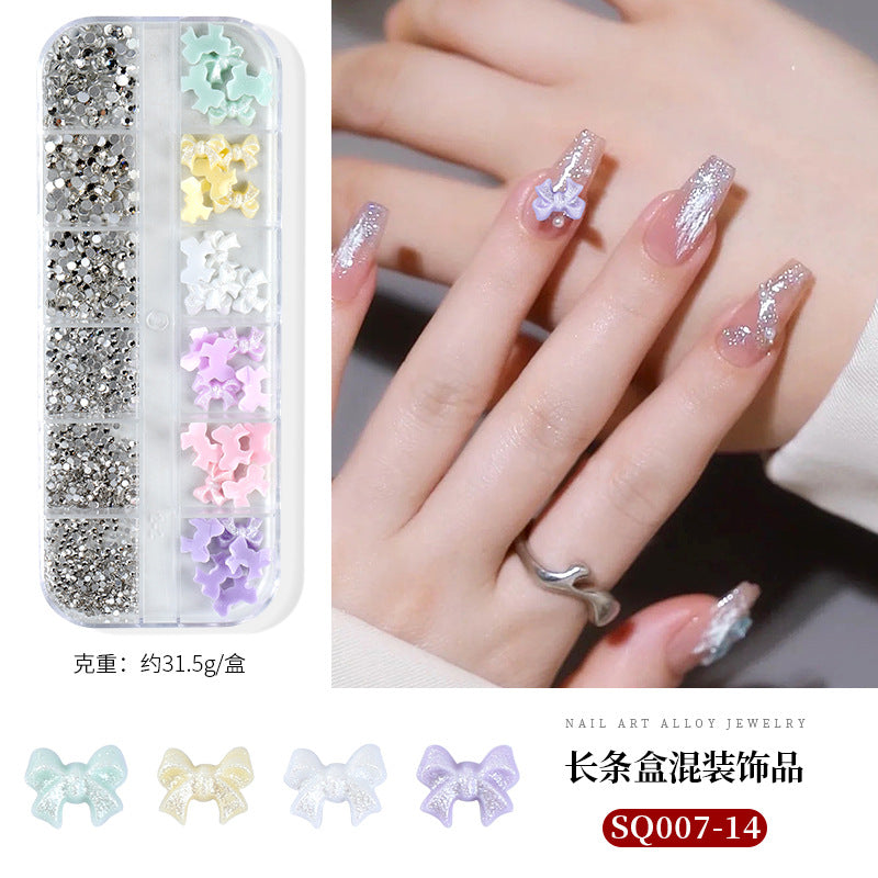 Nail art accessories aurora bow pearl rivet small accessories super flash small diamond 12 grid mixed nail decoration wholesale