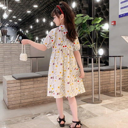 Girls summer cotton dress pure cotton floral long dress ethnic style pastoral French style Republic of China style improved new cheongsam