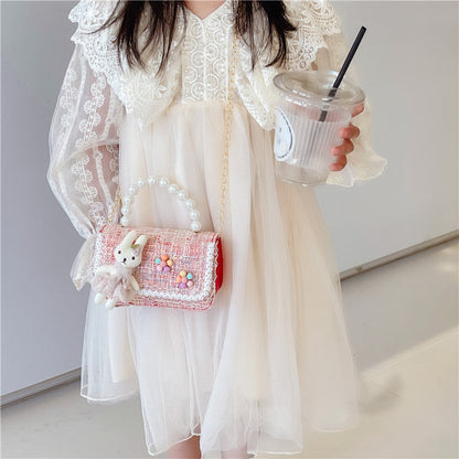 Children's Bags Fashion Chanel Style Chain Bag Princess Pearl Handbag Trendy Children Cute Doll Single Shoulder Small Square Bag