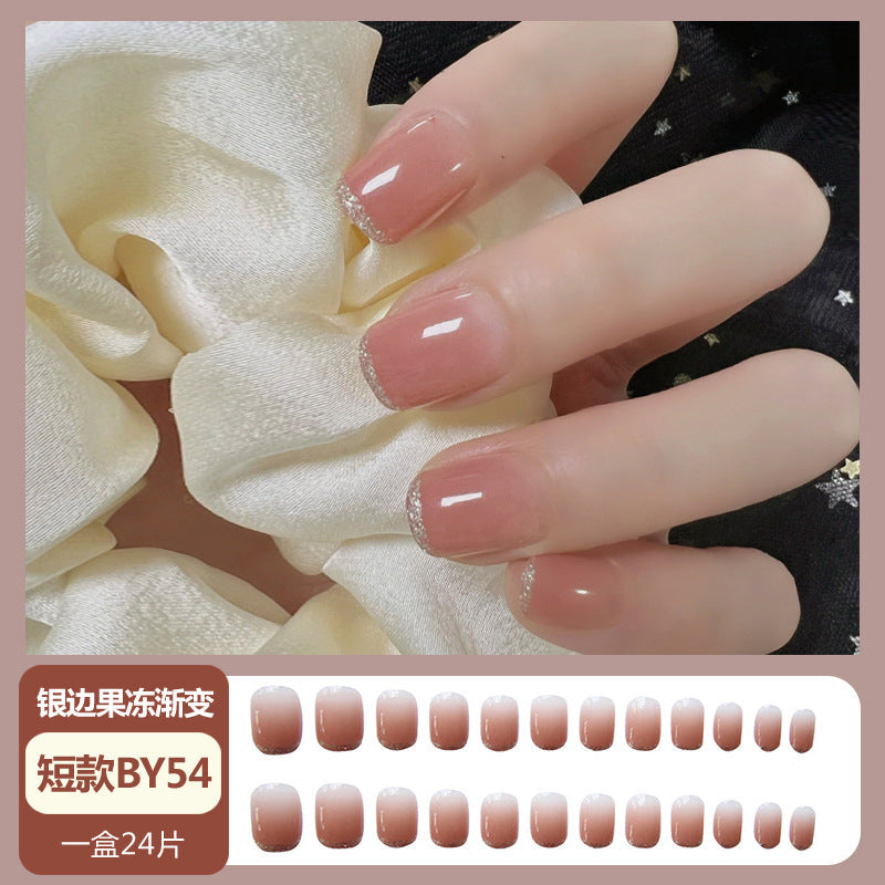 Manicure finished products wearable nail wholesale short French silver edge jelly ice transparent color removable nail stickers false nail pieces