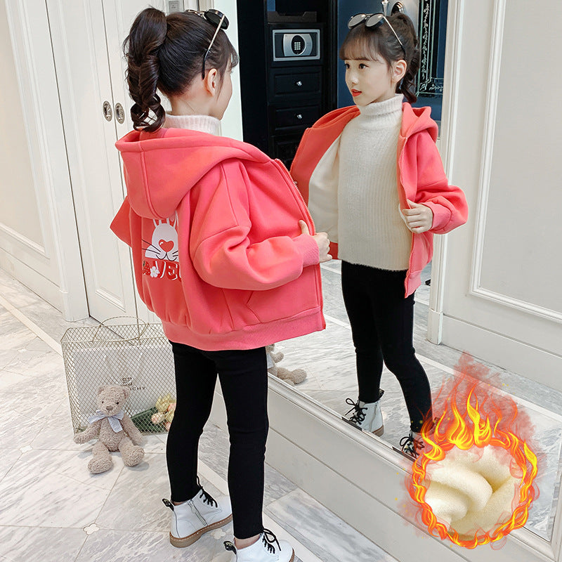 Children's winter hooded sweater with velvet and thickened cotton warm double-layer hooded cardigan for middle and large children and girls elementary school students