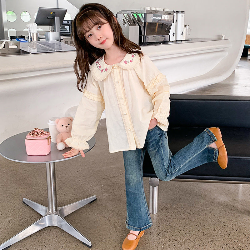 2024 autumn girls new cotton shirt Korean style doll collar fashionable student girl sweet long-sleeved top trend